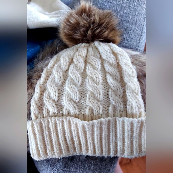 Accessories - Cream Cable Knit Hat with Faux Fur Pom